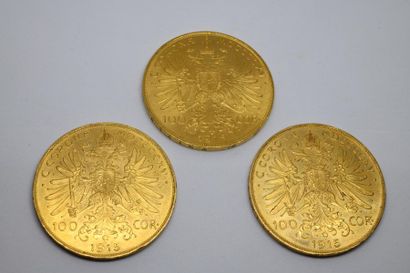 Trois pièces de 100 couronnes or François-Joseph...