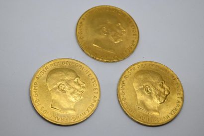 Trois pièces de 100 couronnes or François-Joseph...