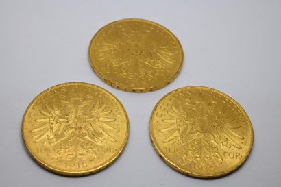Trois pièces de 100 couronnes or François-Joseph...