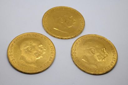 Trois pièces de 100 couronnes or François-Joseph...