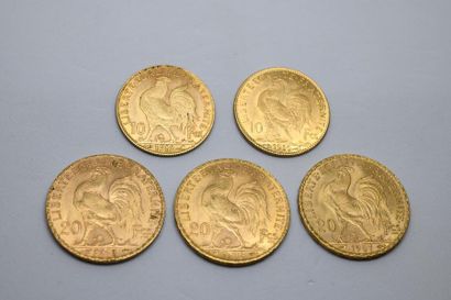 Lot including: 
- Three 20 Francs gold coins,...