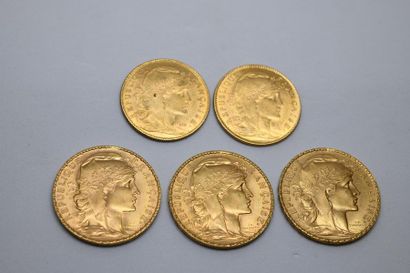 Lot including: 
- Three 20 Francs gold coins,...