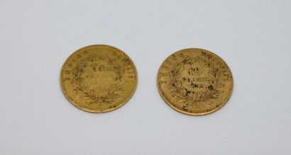 Two 10Fr gold Napoleon III bareheaded coins....