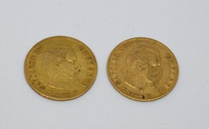 Two 10Fr gold Napoleon III bareheaded coins....
