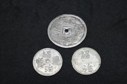 VIET NAM, 19th century. Two pieces of 1 TIEN...