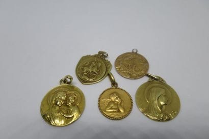 Five 750°/00 yellow gold baptismal medals,...
