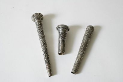 Set of three hollow silver cane pommels,...