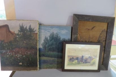 *Lot of framed pieces including: 
- Pyrography...