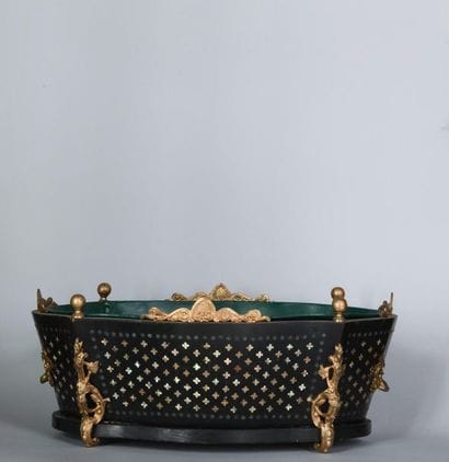 Blackened wooden planter inlaid with mother-of-pearl,...