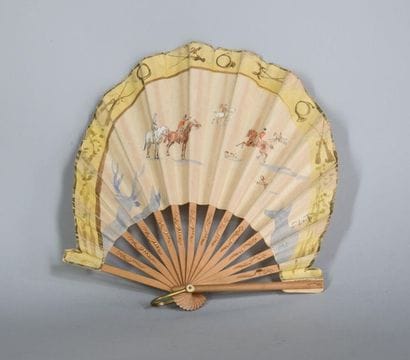 Wooden and watercoloured paper fan with hunting...