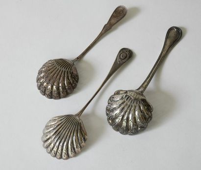 Three silver sprinkling spoons, two spatulas...