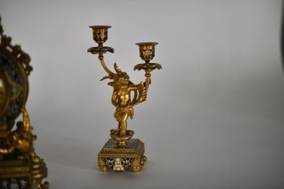 Gilded bronze mantel set enamelled with floral...