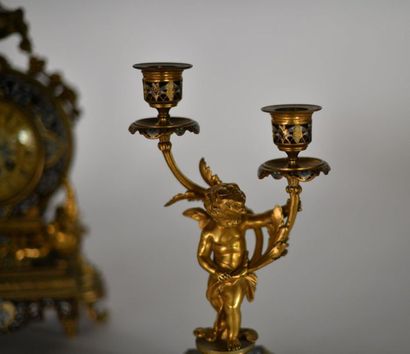 Gilded bronze mantel set enamelled with floral...