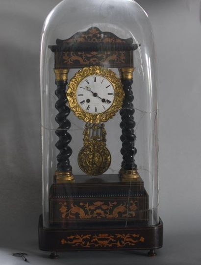 Portico clock in veneer wood, twisted columns,...