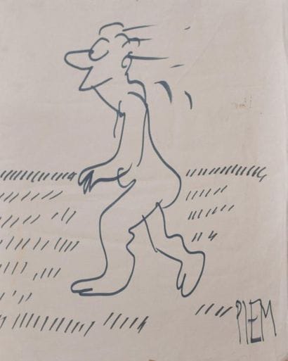 PIEM. Great cartoon. Felt on paper, signed...
