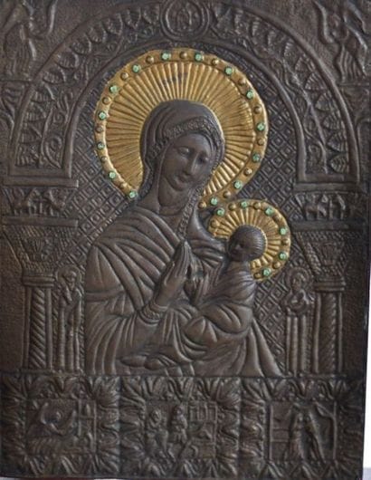 Embossed copper icon, Virgin and Child, with...