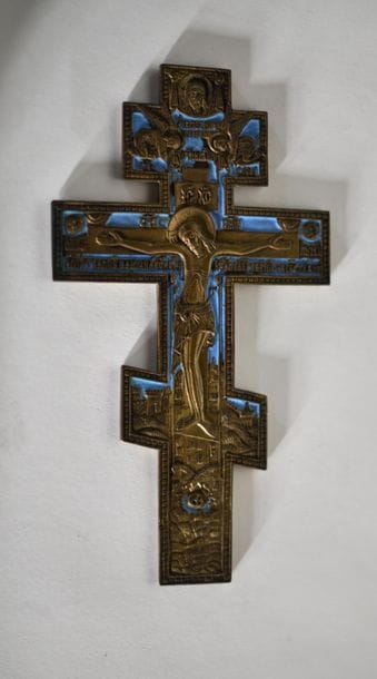 Orthodox bronze cross enamelled blue with...