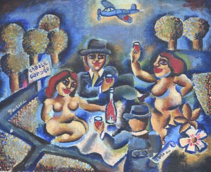 FAVRENE (né en 1934). La chasse gardée. 

Huile...