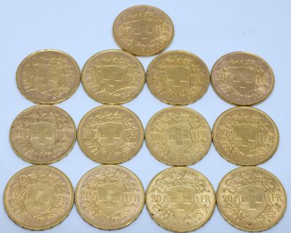 SUISSE. Quinze pièces 20 Francs or. 1896,...