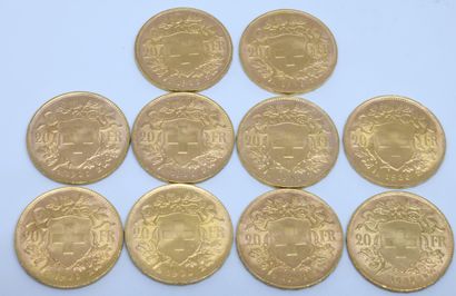 SUISSE. Dix pièces 20 Francs or. 1935
