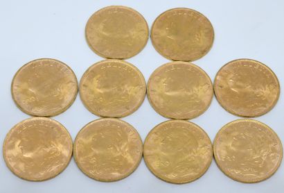 SUISSE. Dix pièces 20 Francs or. 1935