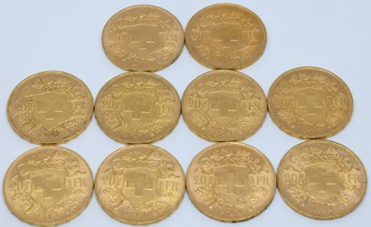 SUISSE. Dix pièces 20 Francs or. 1927