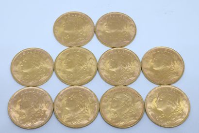 SUISSE. Dix pièces 20 Francs or. 1935