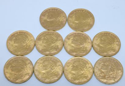 SUISSE. Dix pièces 20 Francs or. 1935