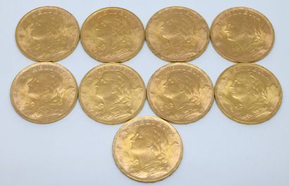 SUISSE. Neuf pièces 20 Francs or. 1935