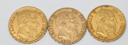 
BELGIQUE. Trois pièces 20 francs or Leopold...