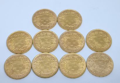SUISSE. Dix pièces 20 Francs or. 1935