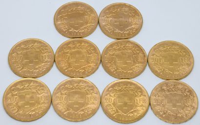 SUISSE. Dix pièces 20 Francs or. 1935