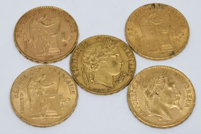 FRANCE. Cinq pièces 20 Francs or. 1851, 1866,...