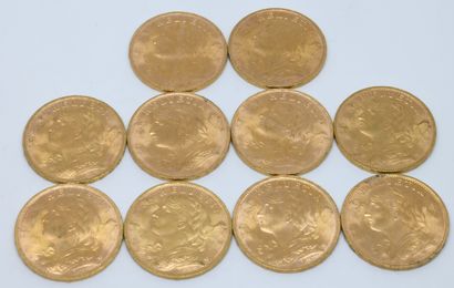 SUISSE. Dix pièces 20 Francs or. 1947