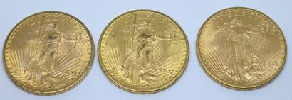 USA.Trois pièces 20 dollars or. 1907 et 1908...