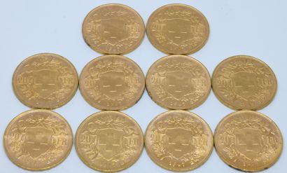 SUISSE. Dix pièces 20 Francs or. 1947