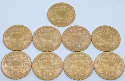 SUISSE. Dix pièces 20 Francs or. 1930