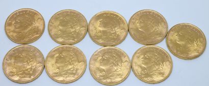 SUISSE. Neuf pièces 20 Francs or. 1935