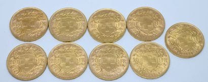 SUISSE. Neuf pièces 20 Francs or. 1935