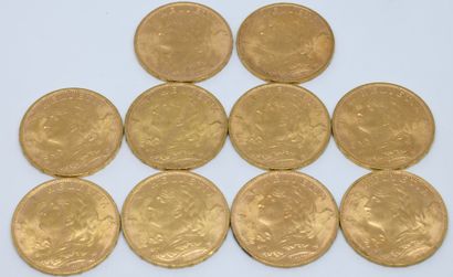 SUISSE. Dix pièces 20 Francs or. 1927