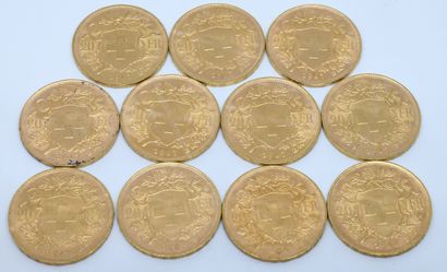SUISSE. Onze pièces 20 Francs or. 1947