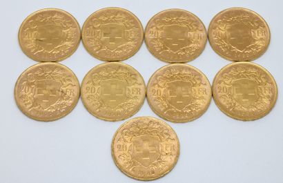 SUISSE. Neuf pièces 20 Francs or. 1935