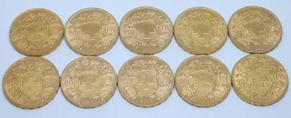 SUISSE. Dix pièces 20 Francs or. 1930