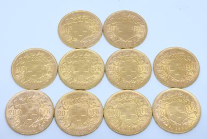 SUISSE. Dix pièces 20 Francs or. 1935