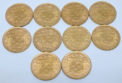SUISSE. Dix pièces 20 Francs or. 1947