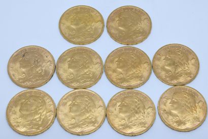 SUISSE. Dix pièces 20 Francs or. 1927