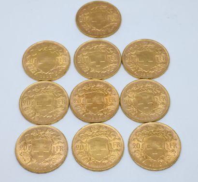 SUISSE. Dix pièces 20 Francs or. 1935