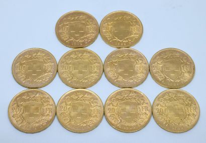 SUISSE. Dix pièces 20 Francs or. 1935
