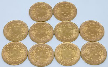 SUISSE. Dix pièces 20 Francs or. 1947