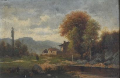 D. KEL (?) 

Paysage animé, hameau et montagne

Huile...
